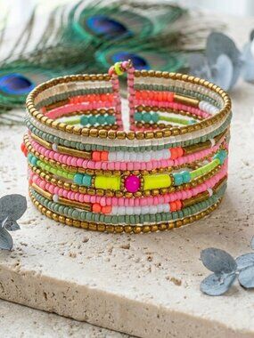 Handmade India Boho Beaded Stretchy Cuff Bracelet Neon Pastel Festival Summer